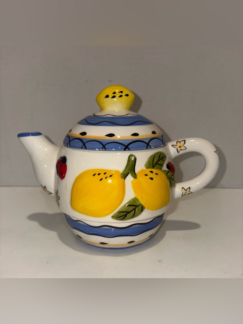 Vintage Yellow Lemon & Lady Bug Ceramic Teapot with Blue Accent “Sunny Days”